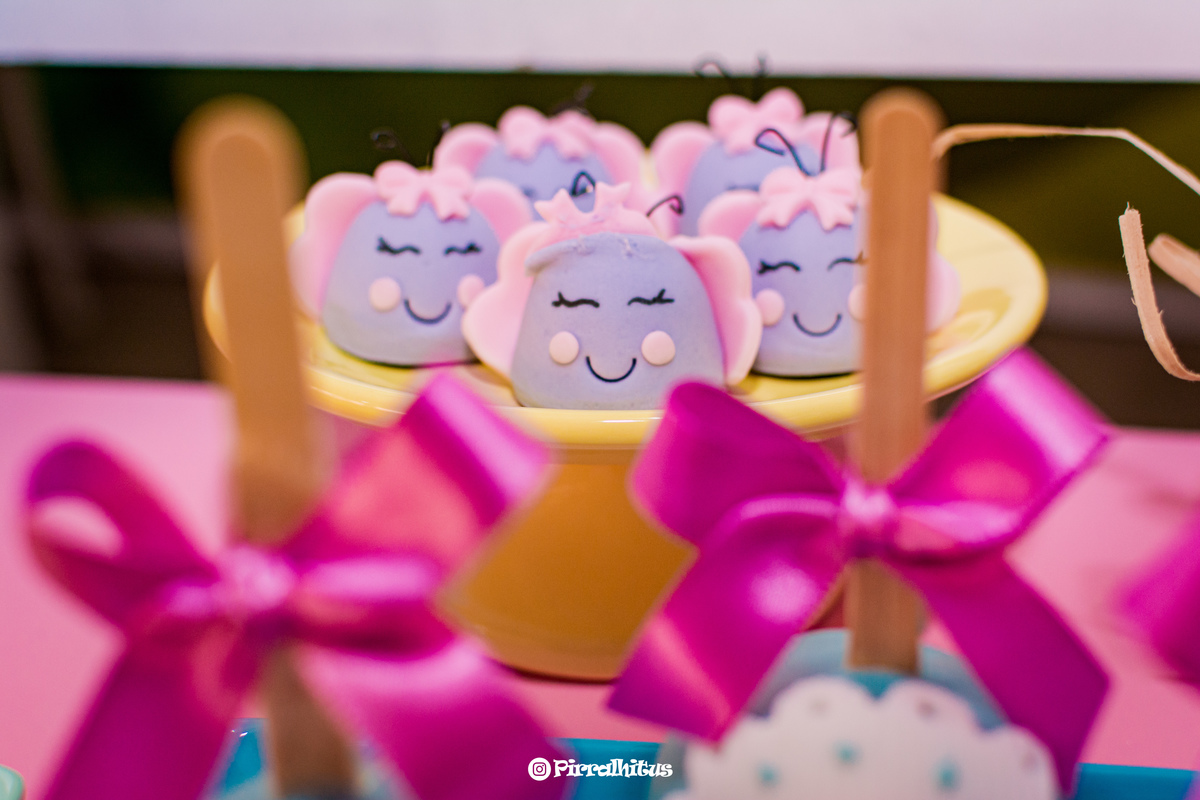 Detalhe da decoração da festa infantil da Mercedes, doces na mesa do bolo, fotografia feita por Pirralhitus, rio de janeiro.