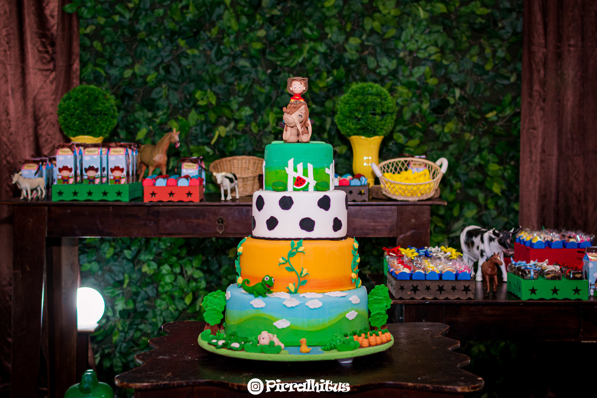 Bolo fake, tema fazendinha em detalhe. Fotografia de festa infantil na casa de festas Sussuca, vila da penha, Rio de Janeiro.