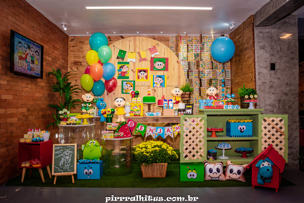 decoração da mesa do bolo, tema: A turma da Mônica. Casa de Festas Mundo da Lua, tijuca.