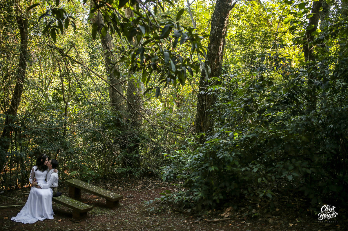 noivos sentados no bosque