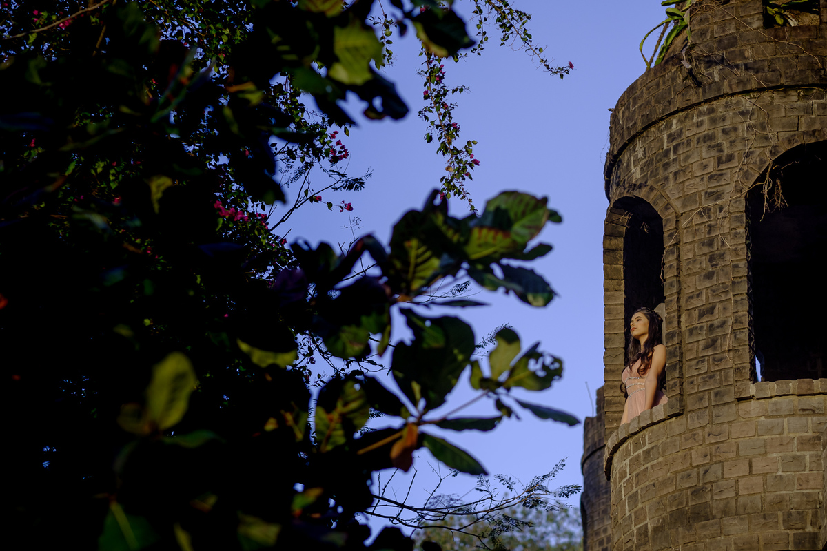debutante princesa na janela dos seus aposentos em seu castelo