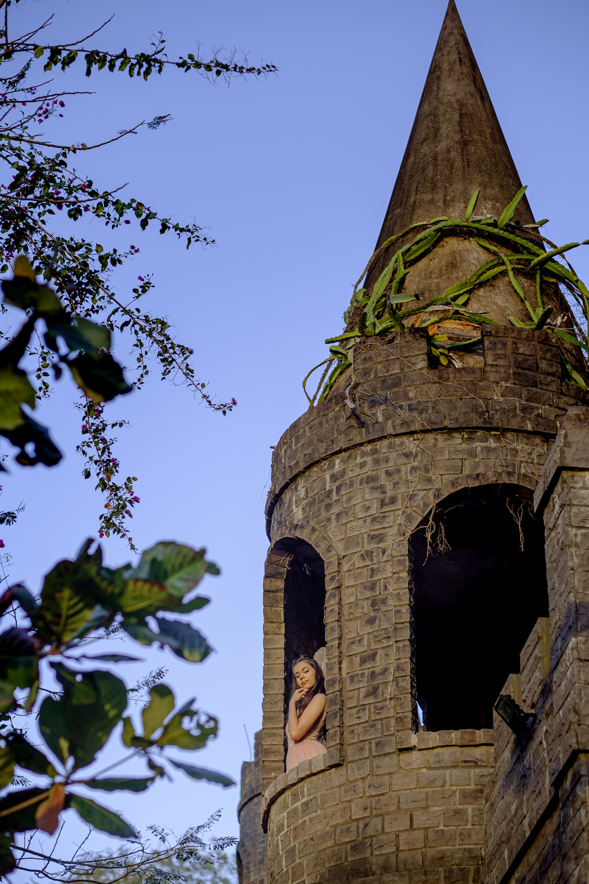 debutante princesa na janela dos seus aposentos em seu castelo