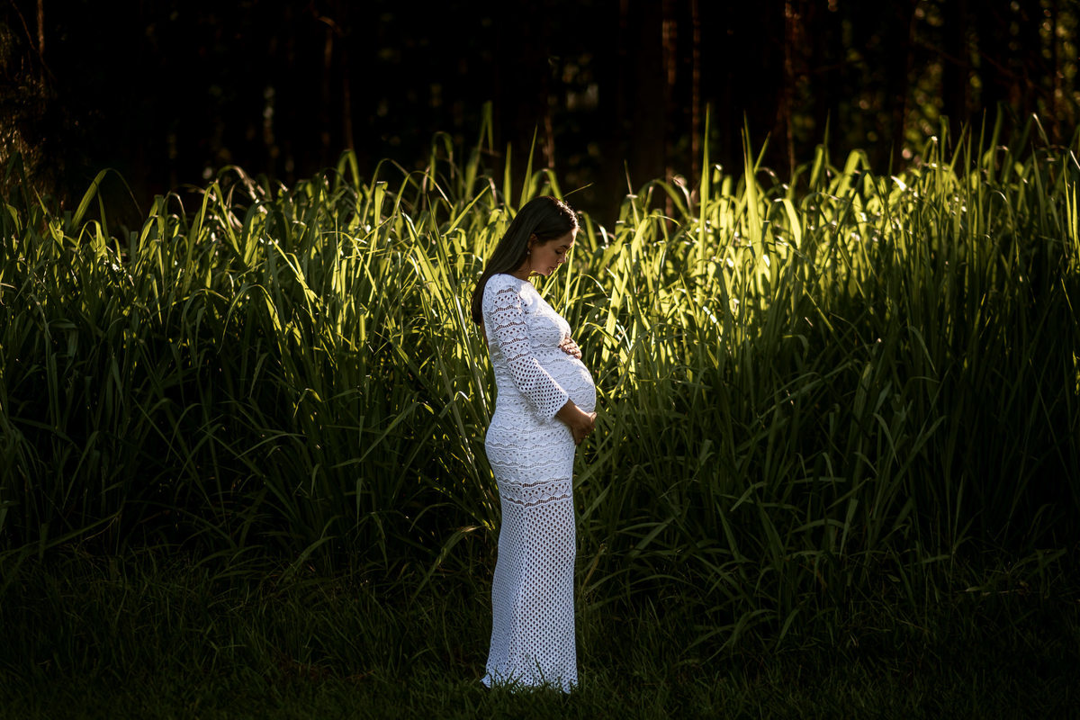 mamãe gestante posando para a foto em meio a natureza