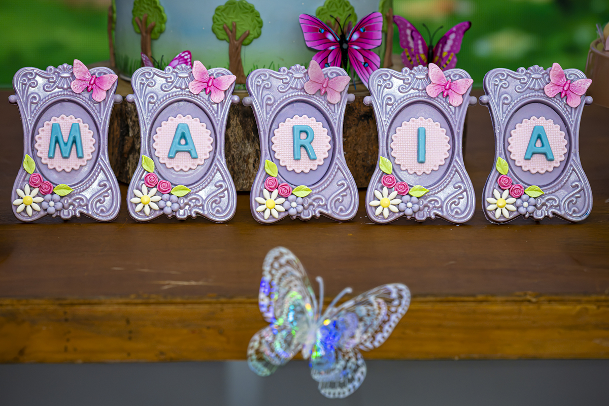 Plaquinhas decorativas com o nome da aniversariante, detalhe de borboleta iluminada em festa temática.