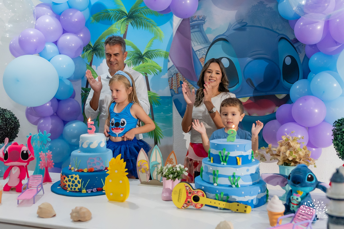 aniversário duplo - Sofia - Pedro - festa - tema Stitch - diversão - crianças - roxito -  fotografia - Cliff Kids - Antonio Rocha Fotografias - Pelotas - Tombo legal - festa no salão