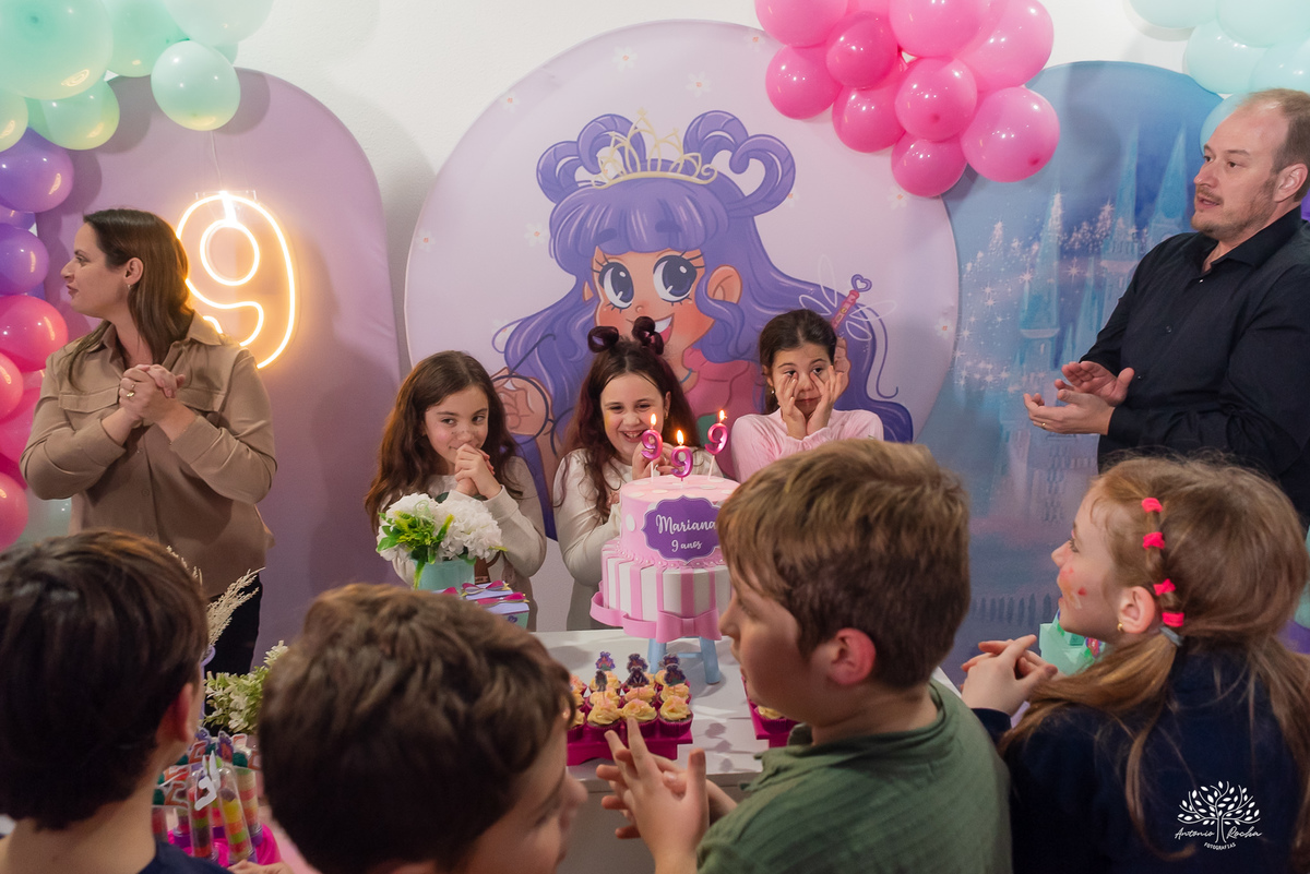 aniversário infantil - Mariana 9 anos - festa Violeta - Little Charmers - Cliff Kids - fotografia de festa infantil - Pelotas - Antonio Rocha Fotografias - Lavender - tobogã - baladinha - show do parabéns - touro mecânico - bolo de aniversário - velinha