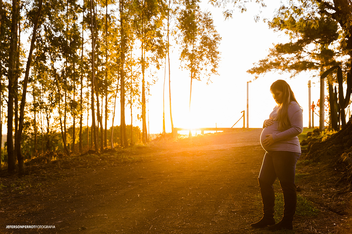 gravida de perfil olhando para barriga em por do sol paranaense