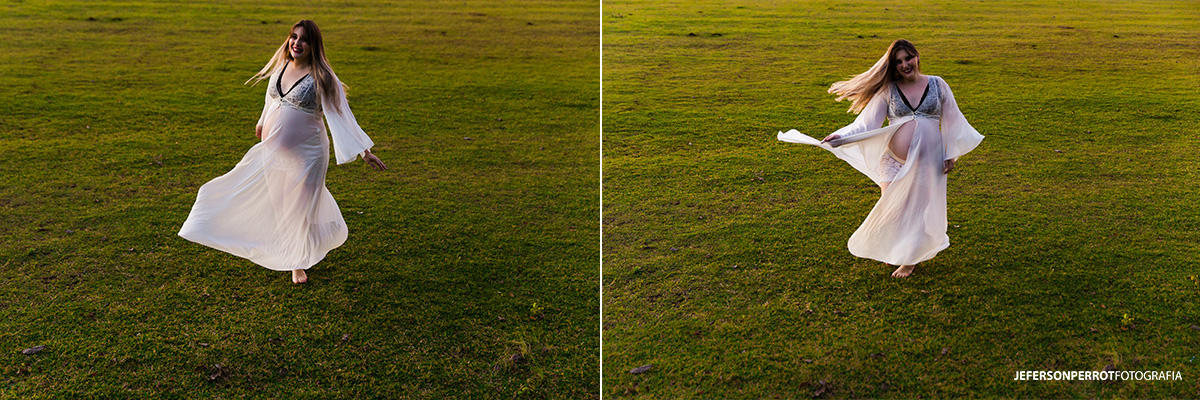 gestante com langerie girando em gramado verde