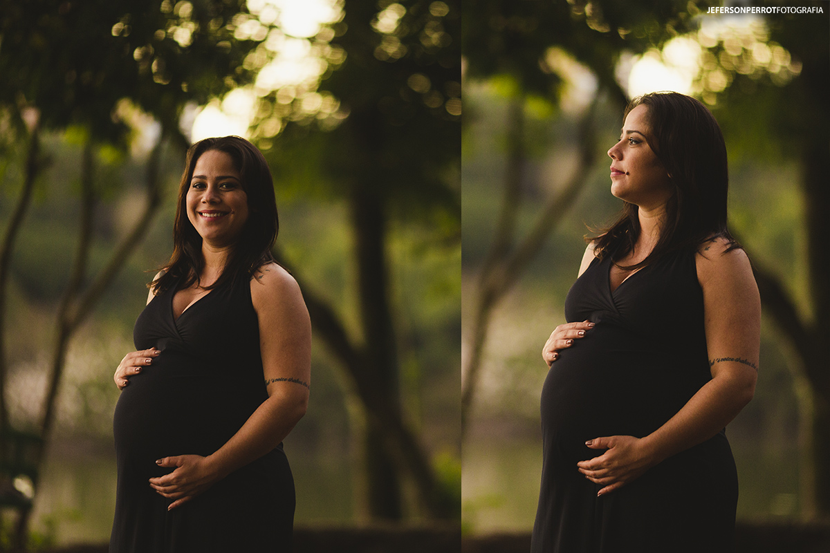 mulher graávida sorridente em parque maringaense