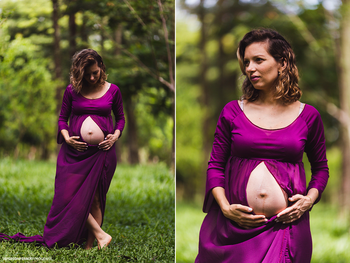 gestante fazendo carinho na barriga em parque de Maringá