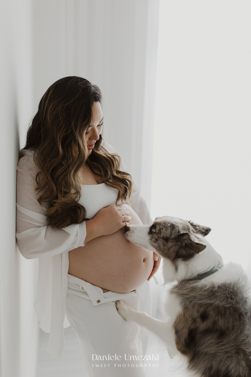 Ensaio gestante em estúdio em Mogi das Cruzes de Naomy e Anderson à espera da Ayla, com a participação da cachorrinha Border Collie da família, registrado por Dani Umezaki