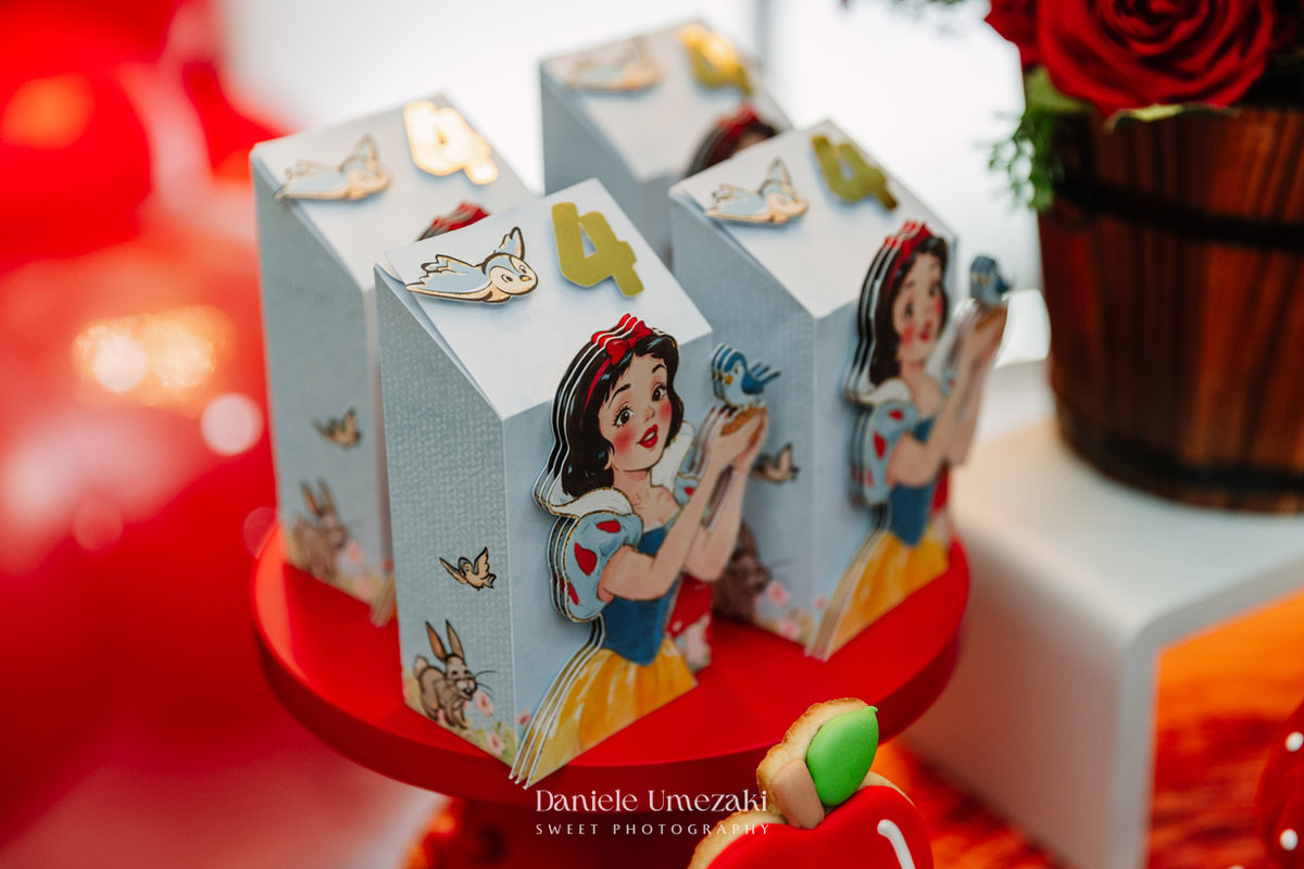 Bia comemorando seu aniversário de 4 anos no Buffet Vira Sapeka em Mogi das Cruzes com decoração Branca de Neve da Festa Sapeka, fotografada por Dani Umezaki