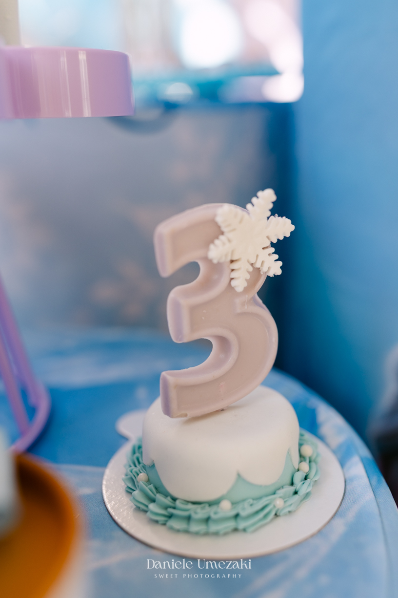 Elisa comemorando seu aniversário de 3 anos com tema Frozen em Mogi das Cruzes, cercada pela família e por uma decoração preparada com muito carinho