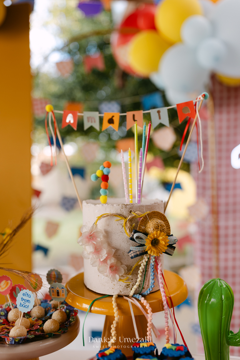 Amália comemorando seu primeiro aniversário em uma delicada festa junina no Quintal Pitangueiras, em Mogi das Cruzes, cercada pela família e amigos.