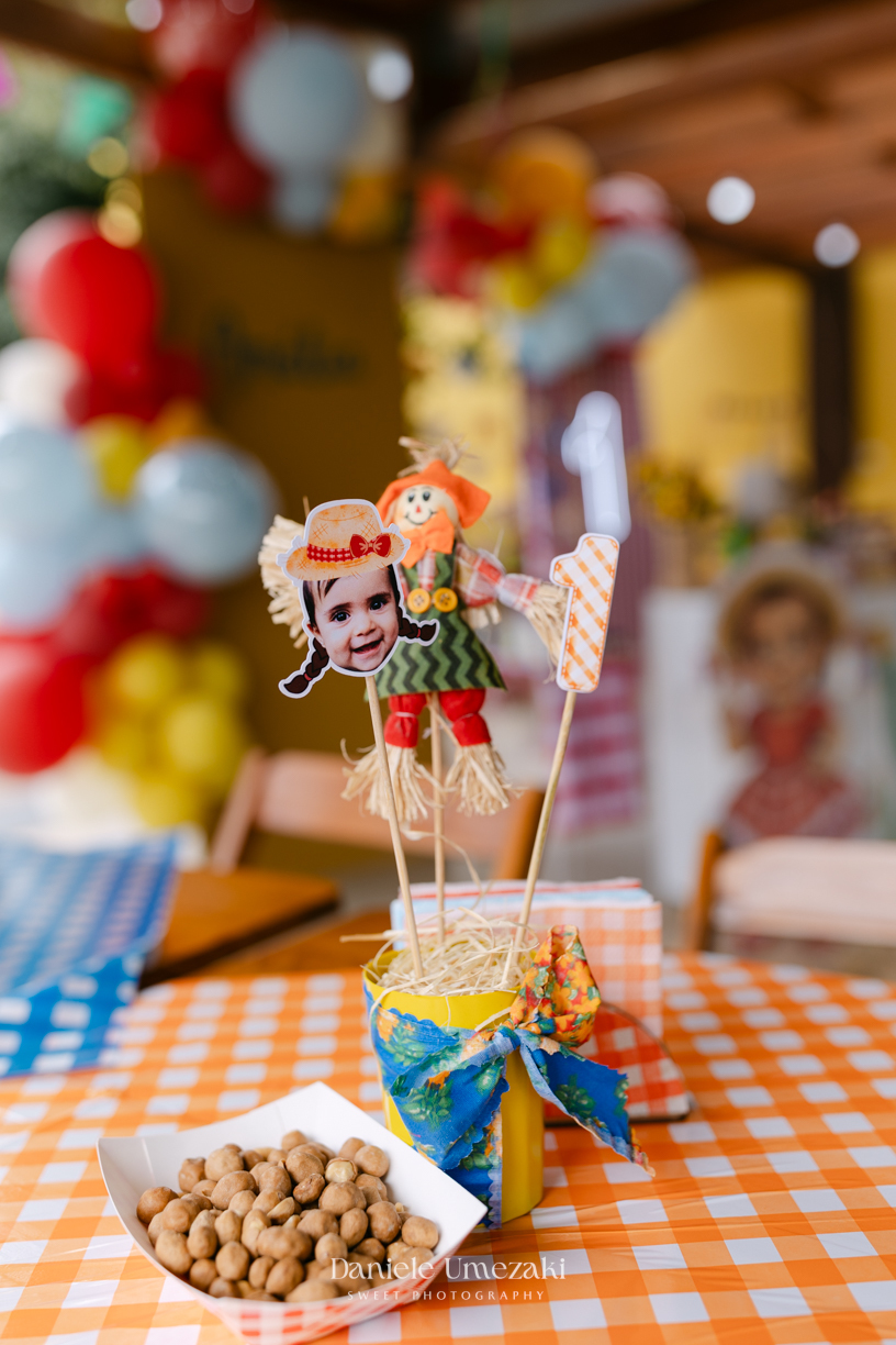 Amália comemorando seu primeiro aniversário em uma delicada festa junina no Quintal Pitangueiras, em Mogi das Cruzes, cercada pela família e amigos.