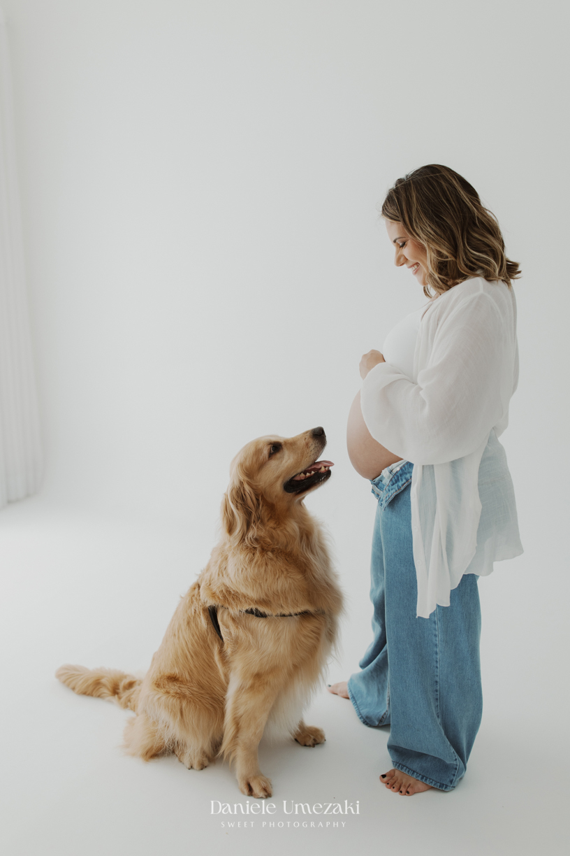 Mirela durante ensaio gestante com seus cães golden retriever em estúdio fotográfico em Mogi das Cruzes.