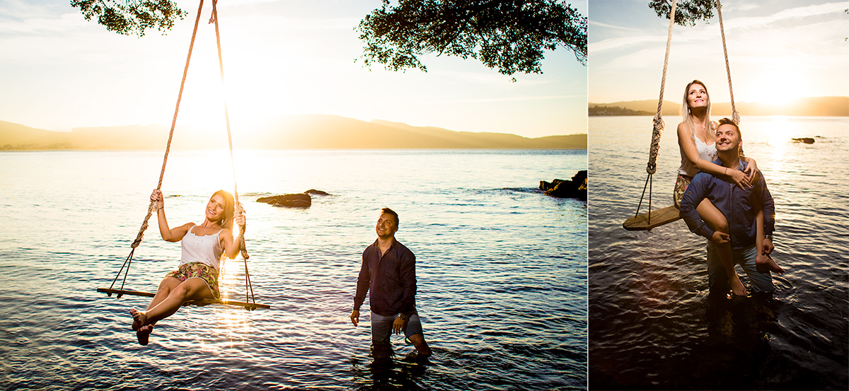 fotografia de casal em um balanço na praia da sepultura