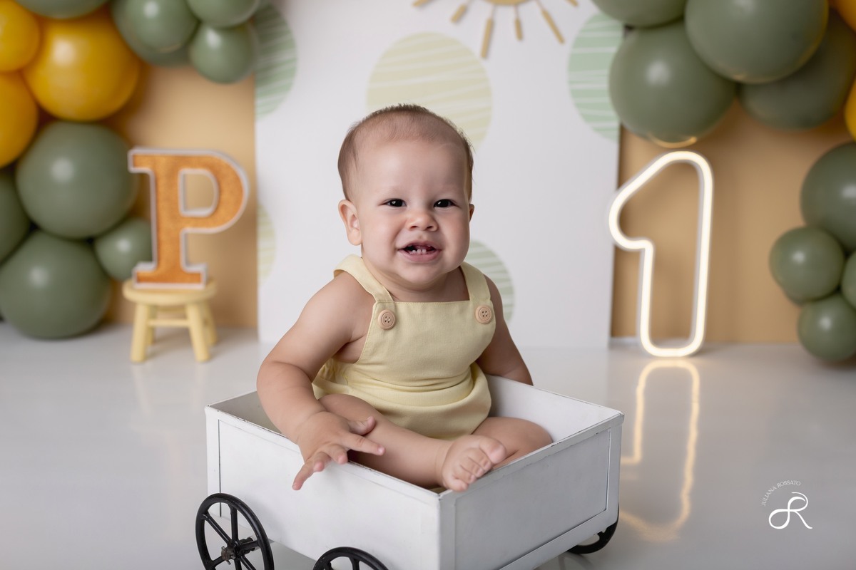 Ensaio smash de 1 ano com bexigas coloridas amarelo e verde, tema 365 dias, 365 voltas ao sol para comemorar seu primeiro aniversário, Zona sul, são paulo, interlagos, jardim umuarama, vila mascote, santo amaro, marajoara, ensaio bolo, ensaio com fruta