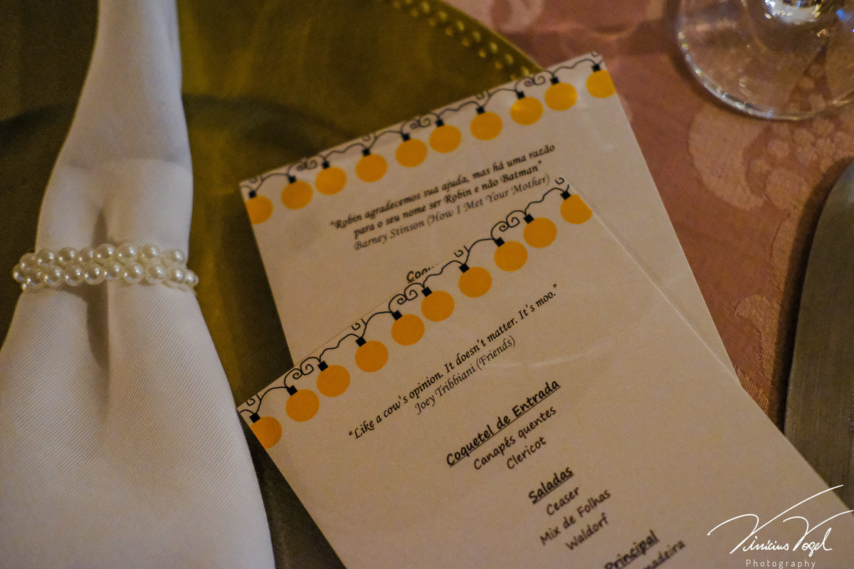 Cardápio Decoração na recepção da Mariana, no Gota D'Água Eventos, na formatura de Psicologia na PUC, por Vinícius Vogel fotógrafo de Porto Alegre, Região Metropolitana e Serra Gaúcha