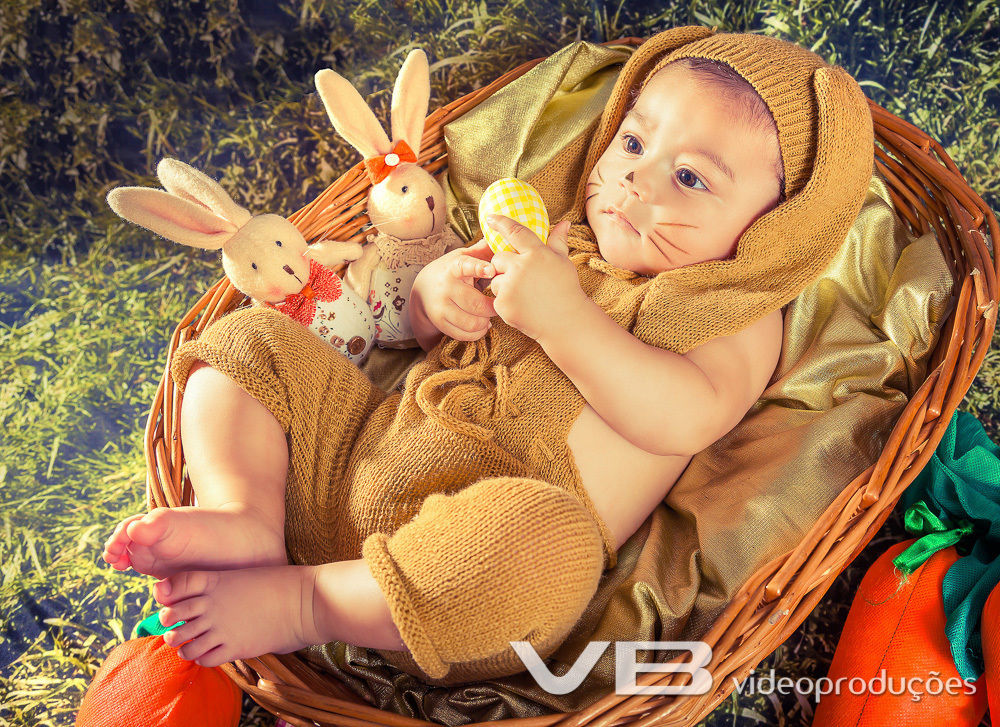 Bebê vestido de coelho deitado na cestinha