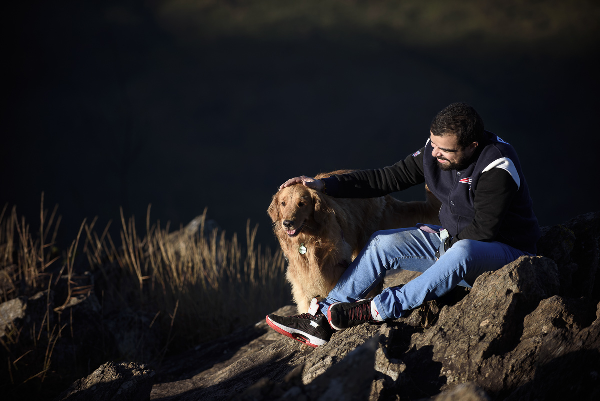 Rapaz faz carinho na sua golden retriever. ele toca  a cabeça da cachorra com leveza enquanto olha para ela e sorri