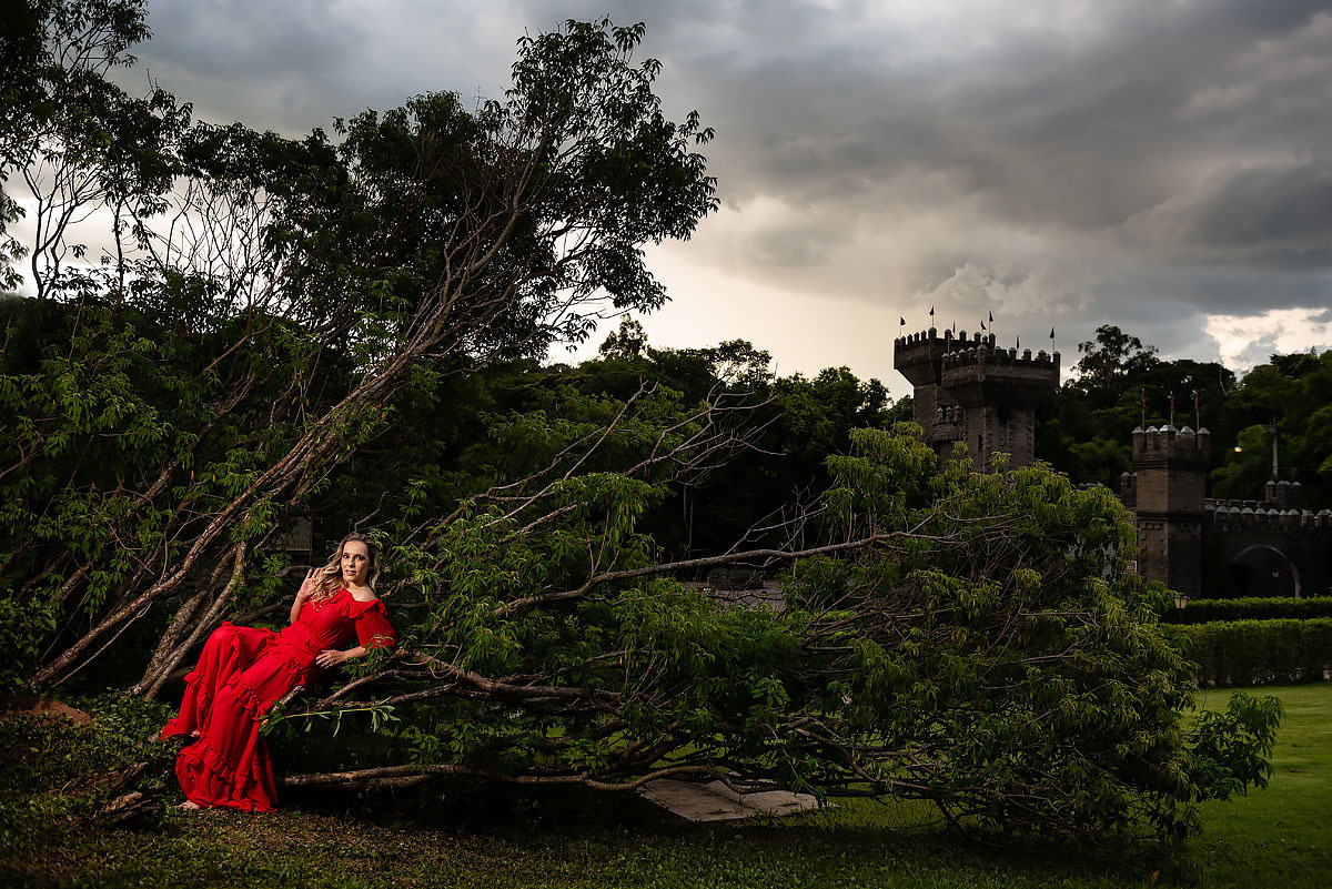 mulher de vermelho sobre arvore verde