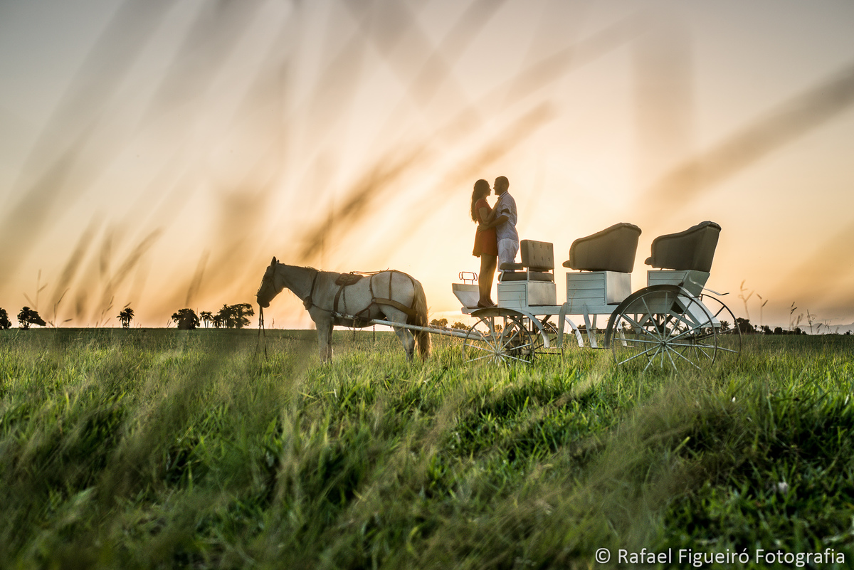 casal namorando cavalo charrete casa de campo por do sol contra luz