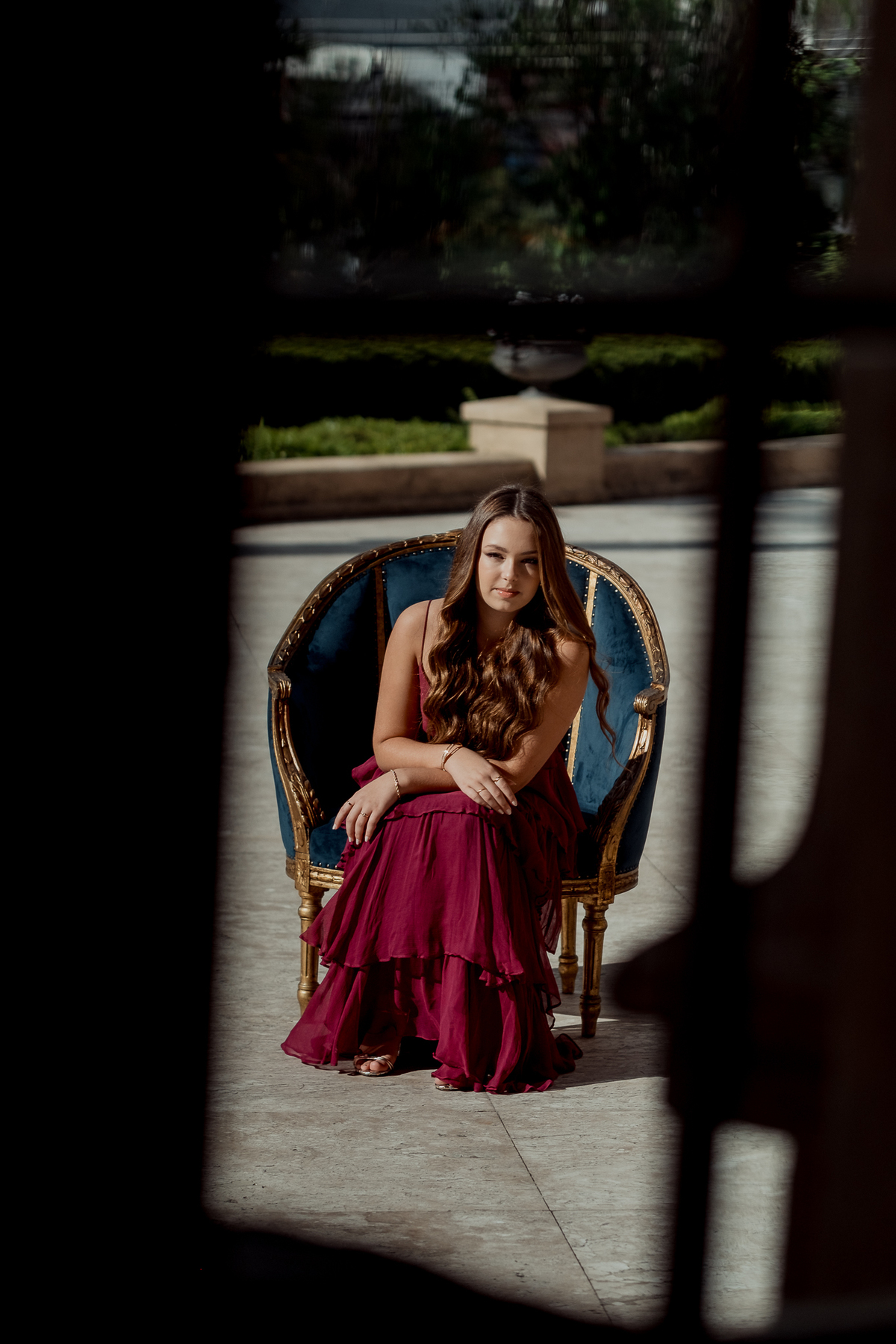 Ensaio de 15 anos no Castelo do Batel em Curitiba, vestido roxo