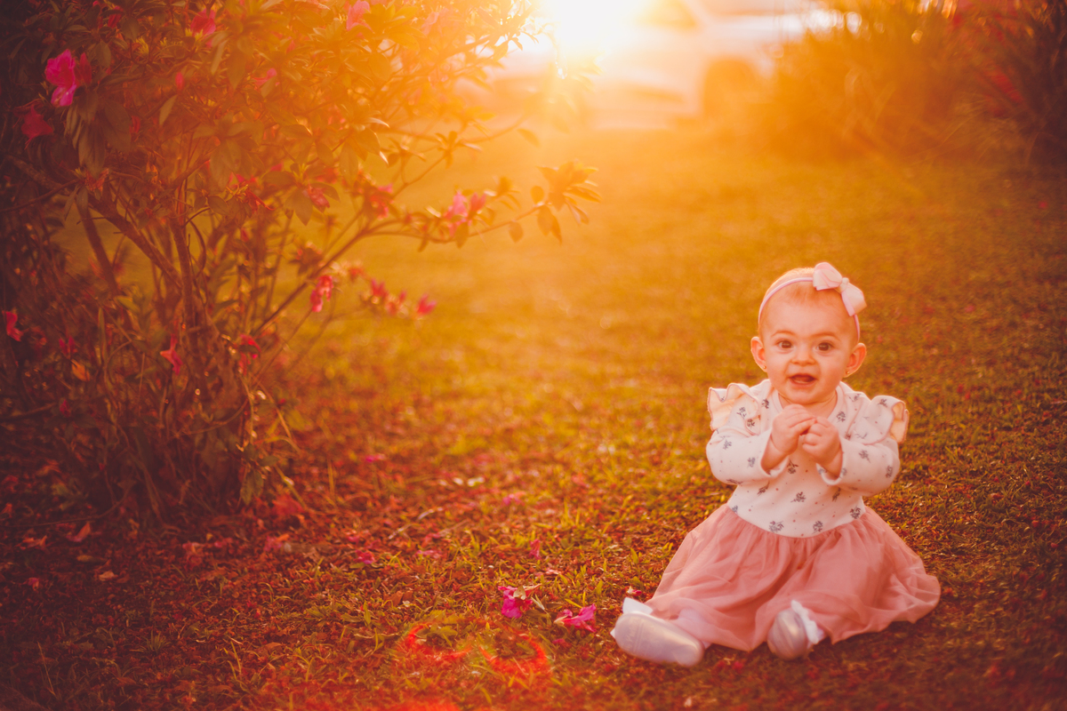 fotografa familia curitiba - ensaio externo na praça por do sol bebe 7 meses menina flor rosa