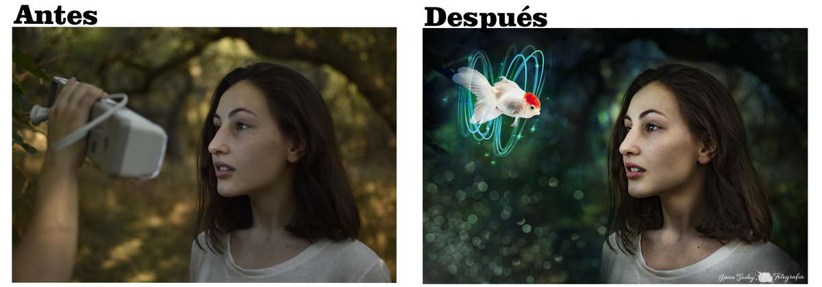 Antes y después de edición. La luz en el rostro fue generada por una luz de emergencia! Se puede ver la mano de Florencia sosteniendo la luz 