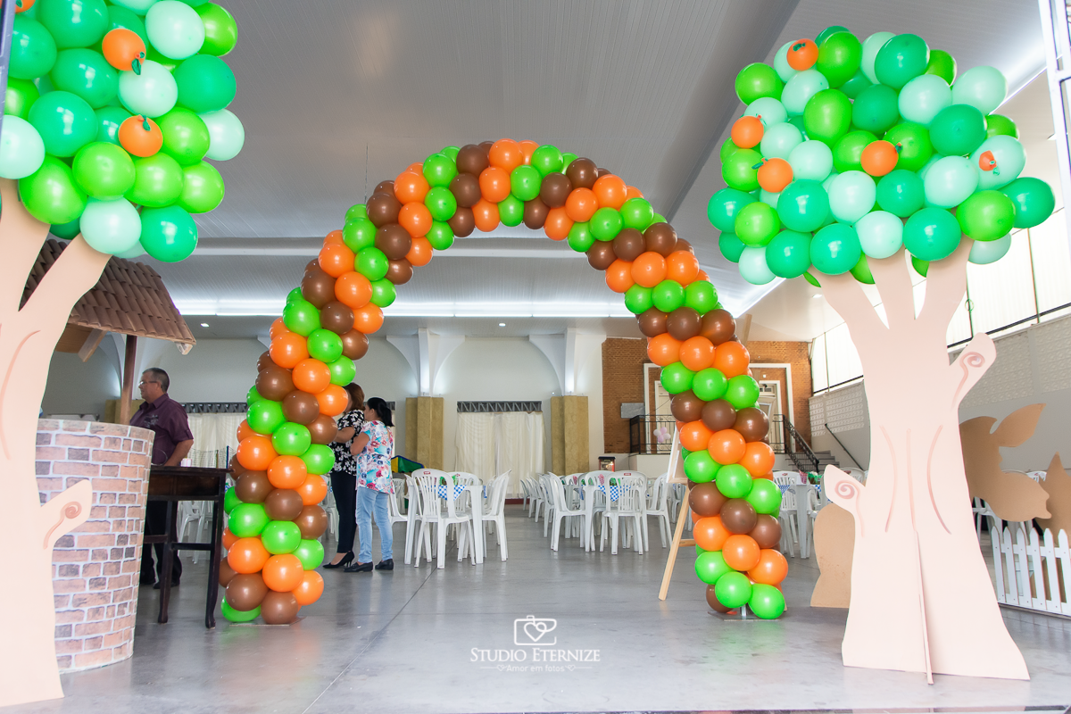 Fotografia de aniversario infantil no tema fazendinha realizado em Poços de Caldas. Decoração da entrada da festa com um arco de balões e duas árvores com as folhas feitas com balões.