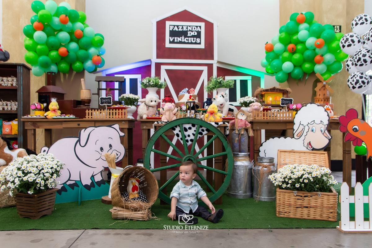 Fotografia de aniversario infantil no tema fazendinha realizado em Poços de Caldas. Aniversariante posando para uma foto na frente da mesa do bolo.