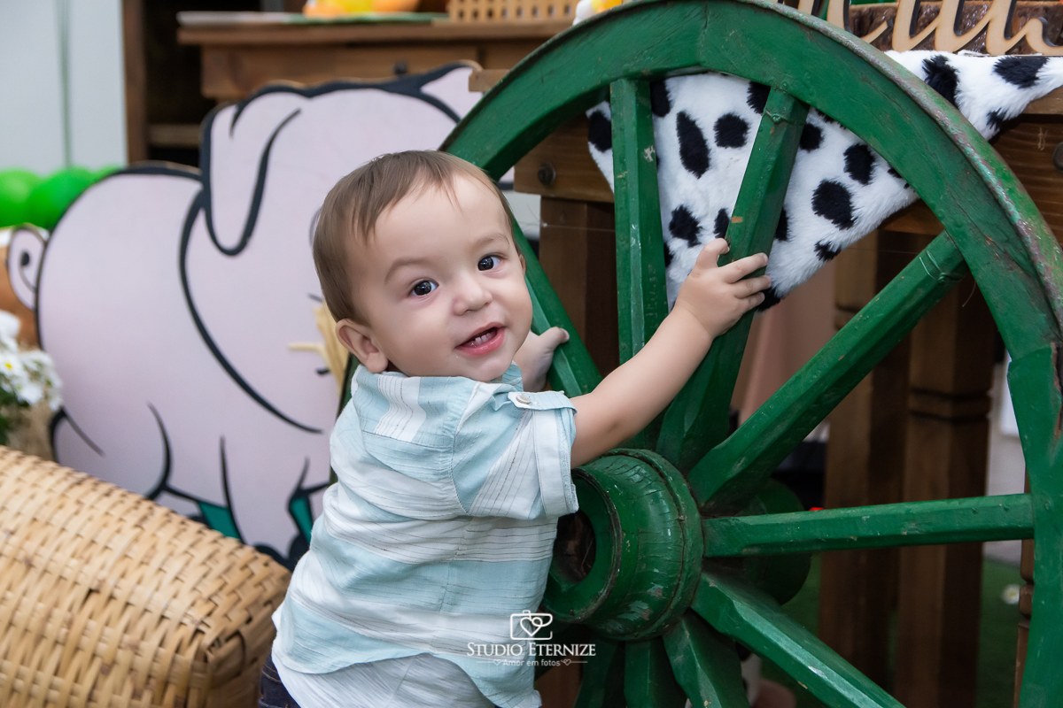 Fotografia de aniversario infantil no tema fazendinha realizado em Poços de Caldas. Aniversariante brincando com uma roda de charrete.