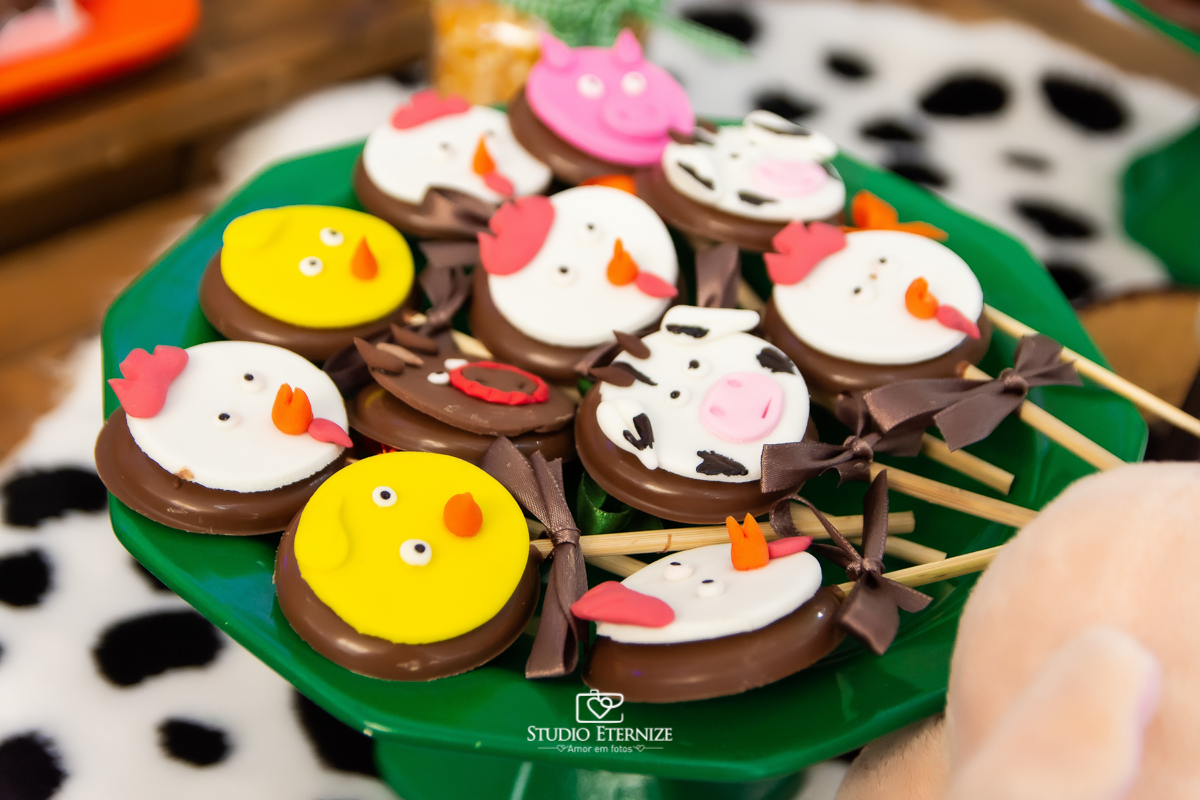 Fotografia de aniversario infantil no tema fazendinha. Detalhe da decoração da mesa do bolo com pirulitos personalizados no tema da fazendinha.