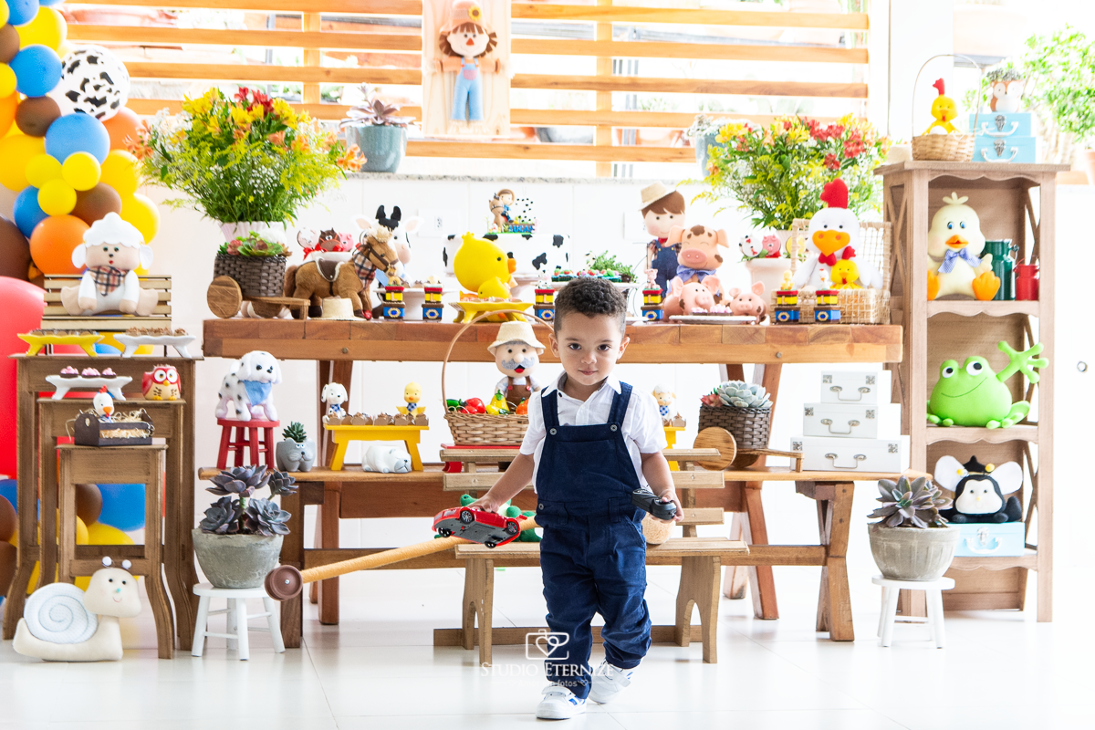 Fotografia de festa infantil de 2 anos registrada pelo Studio Eternize no tema da fazendinha em Poços de Caldas - MG. Aniversariante carrega o presente que ganhou, um carrinho de controle remoto.