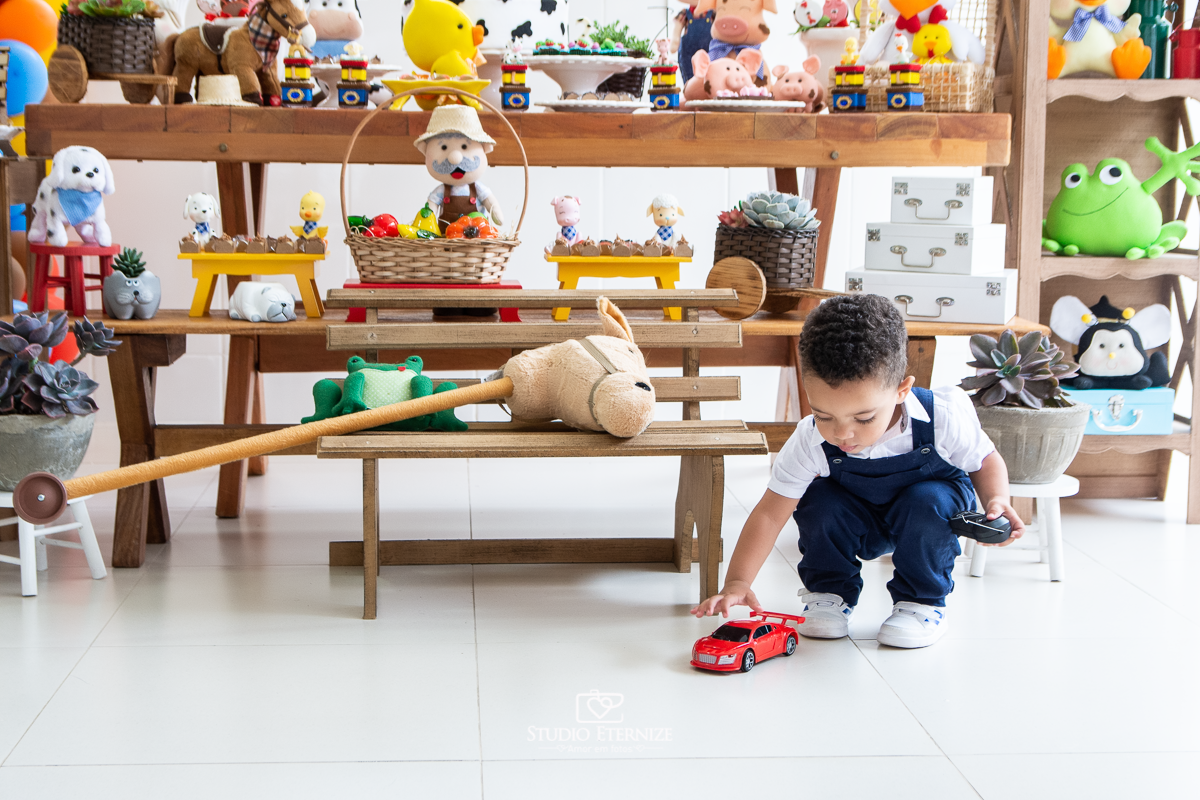 Fotografia de festa infantil de 2 anos registrada pelo Studio Eternize no tema da fazendinha em Poços de Caldas - MG. Aniversariante brincado com presente que ganhou, um carrinho de controle remoto.