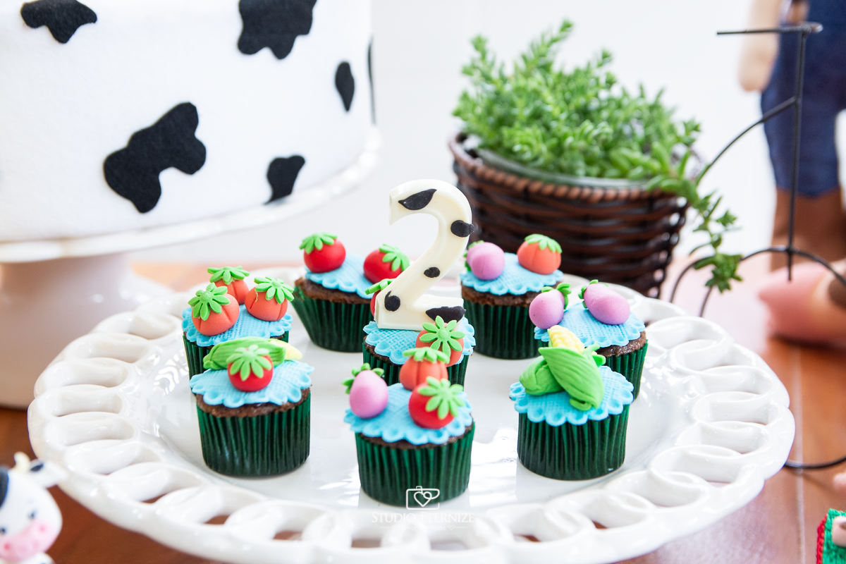 Fotografia de festa infantil de 2 anos registrada pelo Studio Eternize no tema da fazendinha em Poços de Caldas - MG. Detalhe da decoração com cupcakes de chocolate no tema fazendinha.