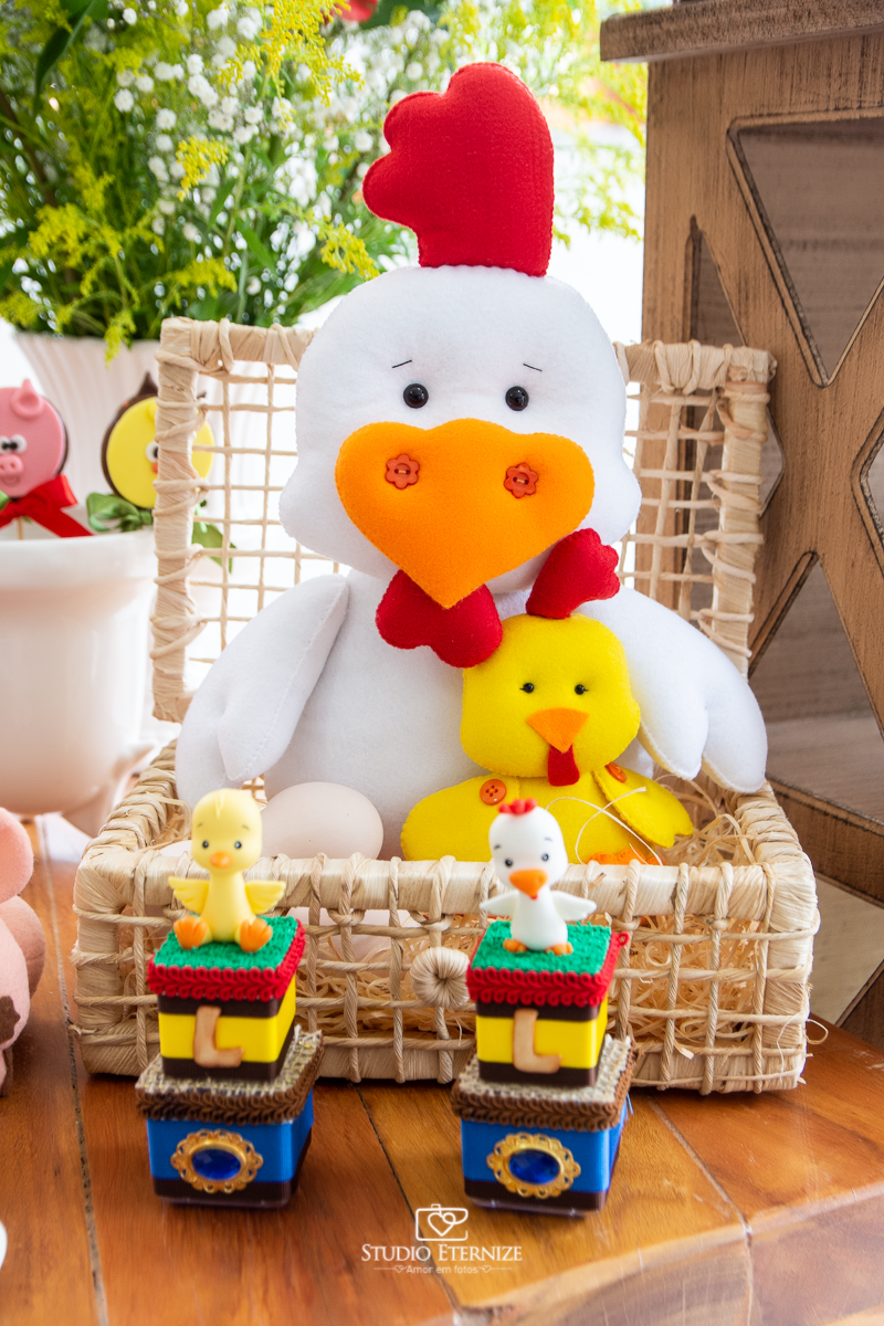 Fotografia de festa infantil de 2 anos registrada pelo Studio Eternize no tema da fazendinha em Poços de Caldas - MG. Detalhe da decoração no tema fazendinha.