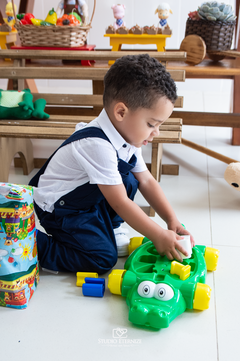 Fotografia de festa infantil de 2 anos registrada pelo Studio Eternize no tema da fazendinha em Poços de Caldas - MG. Aniversariante brinca com presente que ganhou, um carrinho em formato de jacaré para encaixar pecinhas.
