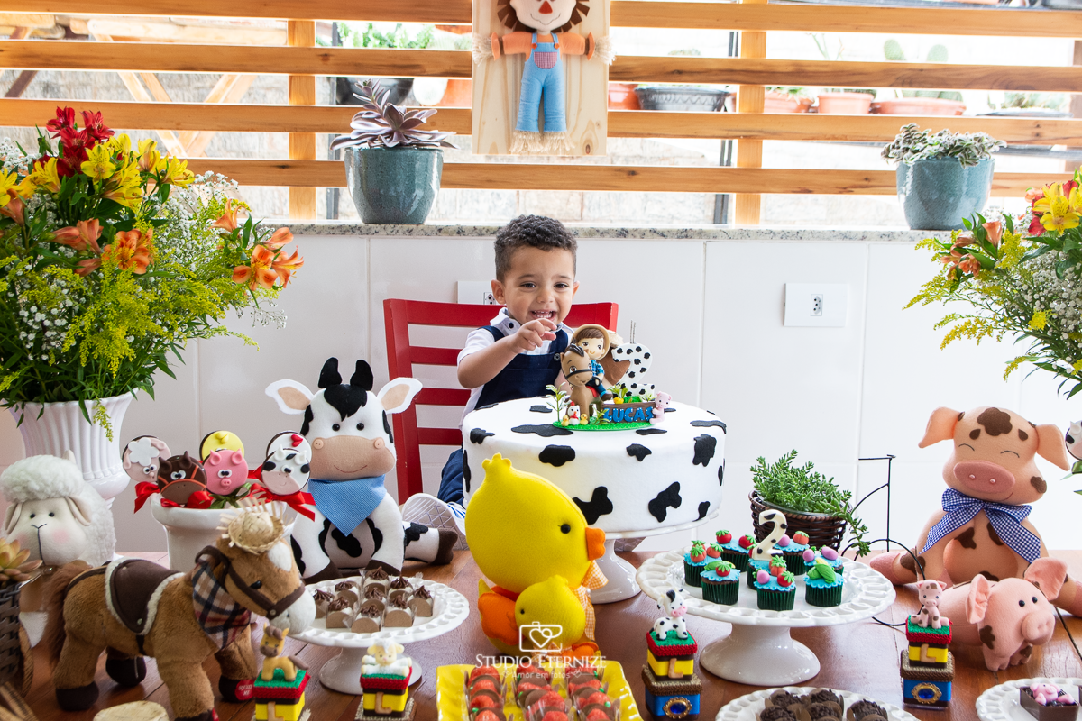 Fotografia de festa infantil de 2 anos registrada pelo Studio Eternize no tema da fazendinha em Poços de Caldas - MG. Aniversariante sentado em um banco alto atrás da mesa do bolo.