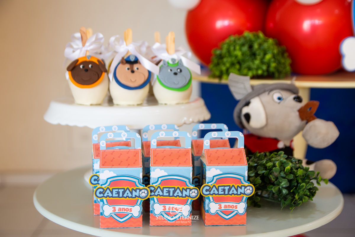Fotografia de festa infantil de 3 anos registrada pelo Studio Eternize no tema da Patrulha Canina em no Buffet Cata-Vento em Poços de Caldas - MG. Decoração da mesa do bolo.