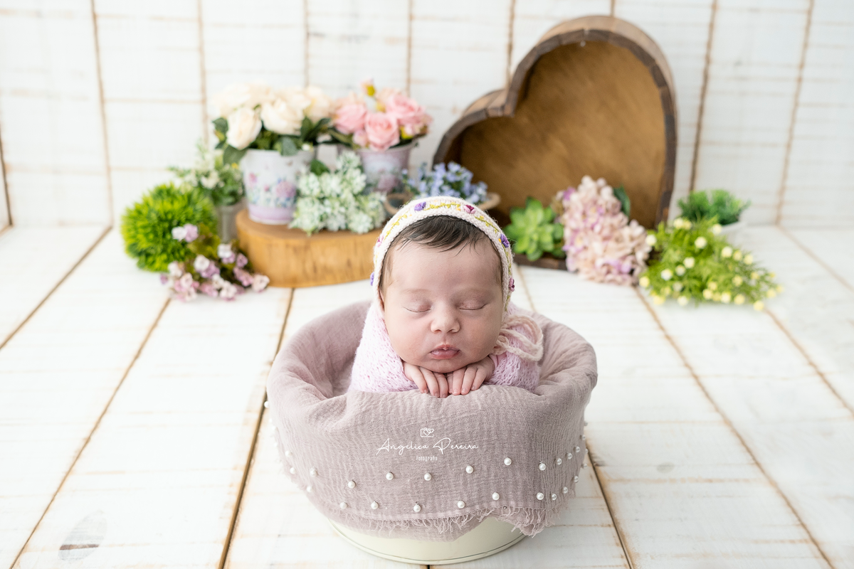 Fotografia - newborn - recém-nascido -menina - enroladinha - baldinho - passarinho