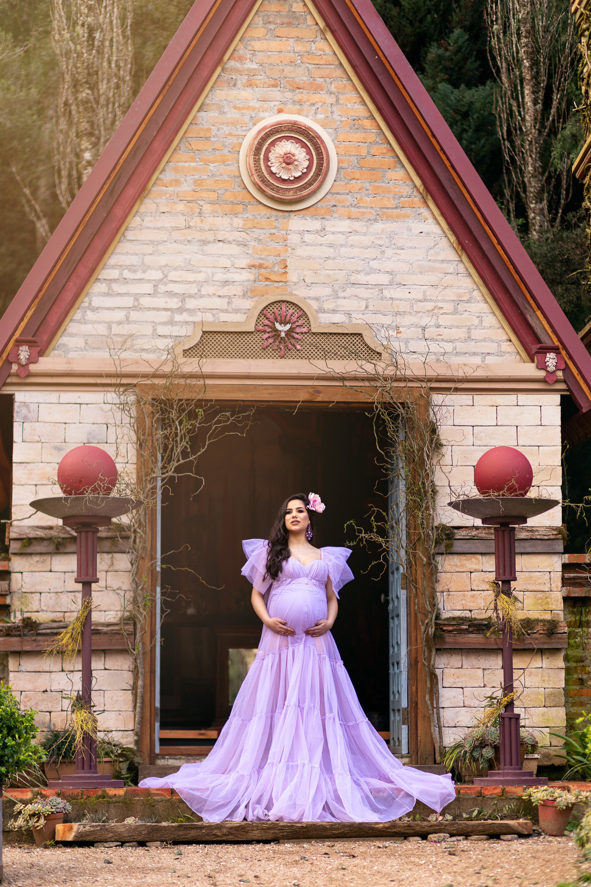 Ensaio Gestante no Jardim Secreto Ville de France na cidade de Urubici em Santa Catarina