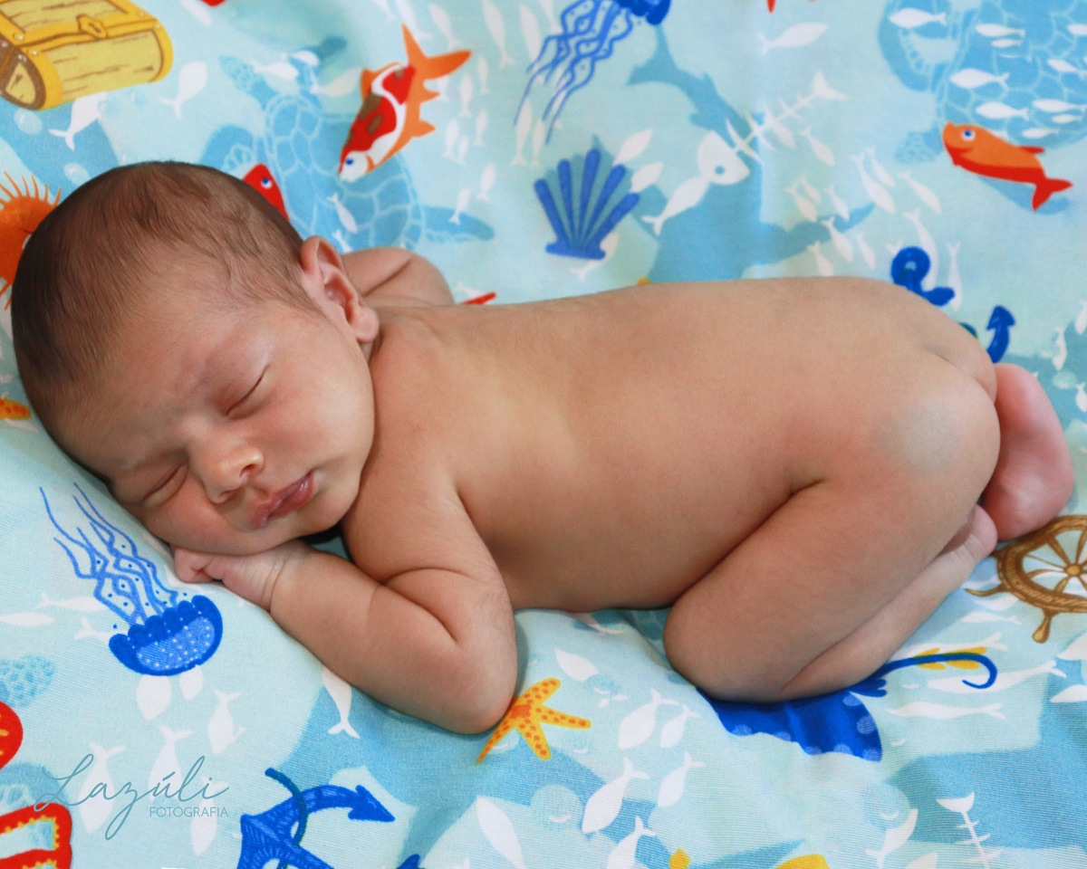 Ensaio newborn com 12 dias, tema fundo do mar. Pose com a barriguinha pra baixo.