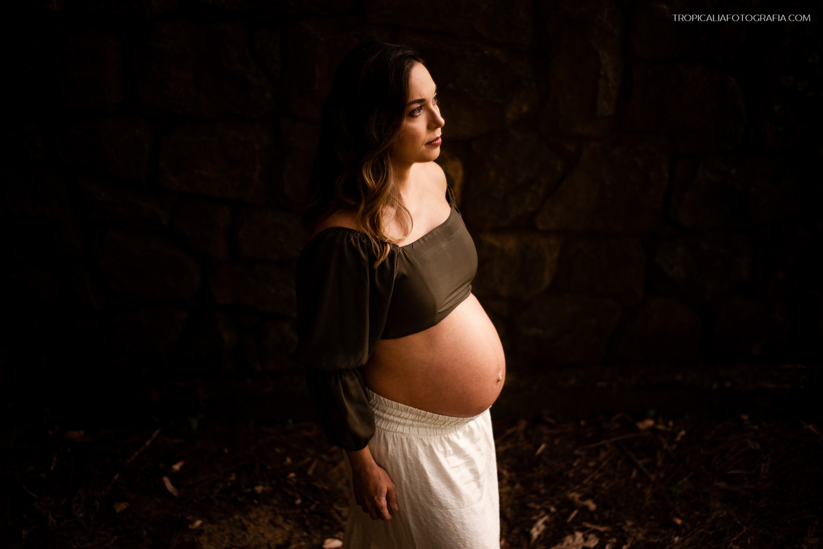 ensaio gestante em nova friburgo, região serrana do rio de janeiro no Hotel Oberland. Foto da gestante de perfil, iluminada pela luz do sol