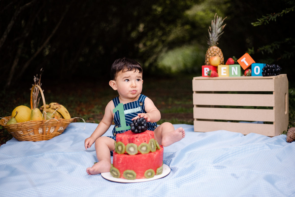 Fotógrafo de família em Nova Friburgo. Ensaio smash the cake da criança. Foto da criança sentada em frente ao bolo feito de melancia