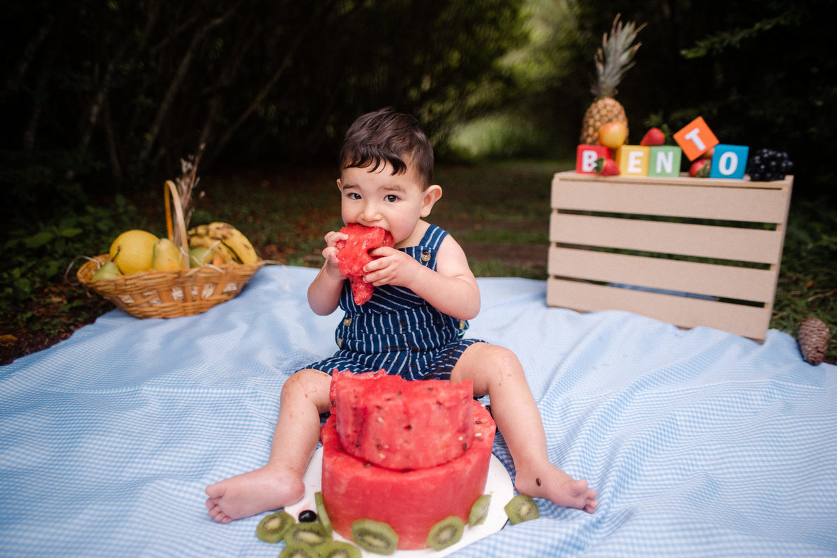 Fotógrafo de família em Nova Friburgo. Ensaio smash the cake da criança. Foto da criança sentada no chão comendo uma melancia
