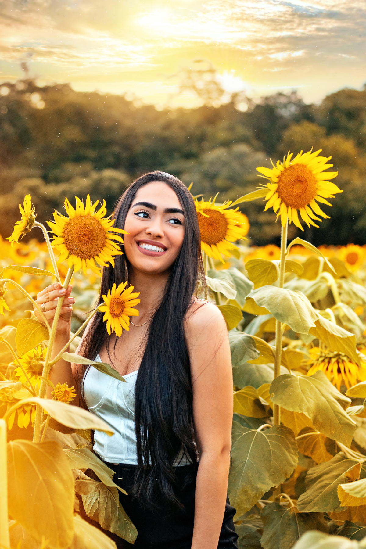 Fotografia ao ar livre de Isadora entre girassóis, destacando a harmonia entre natureza e elegância feminina.