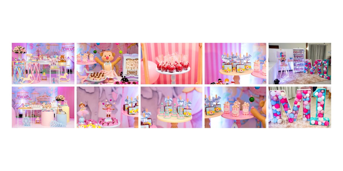 Fotografia de detalhes festa infantil circo rosa.