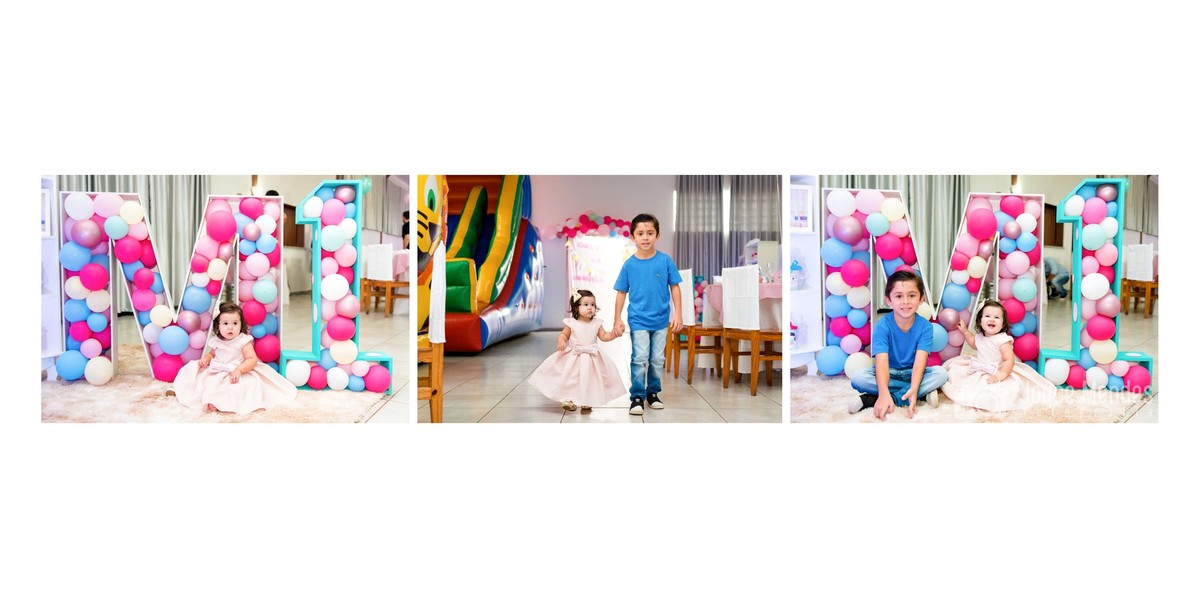 Fotografia de festa infantil circo rosa, irmão apresenta festa para aniversariante.